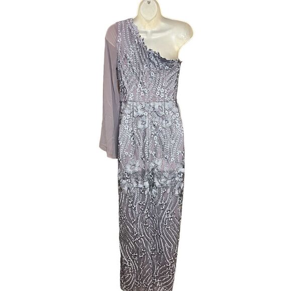 JS COLLECTIONS One Shoulder Embroidered Mesh Overlay Asymmetrical Gown in Steel - Picture 6 of 7